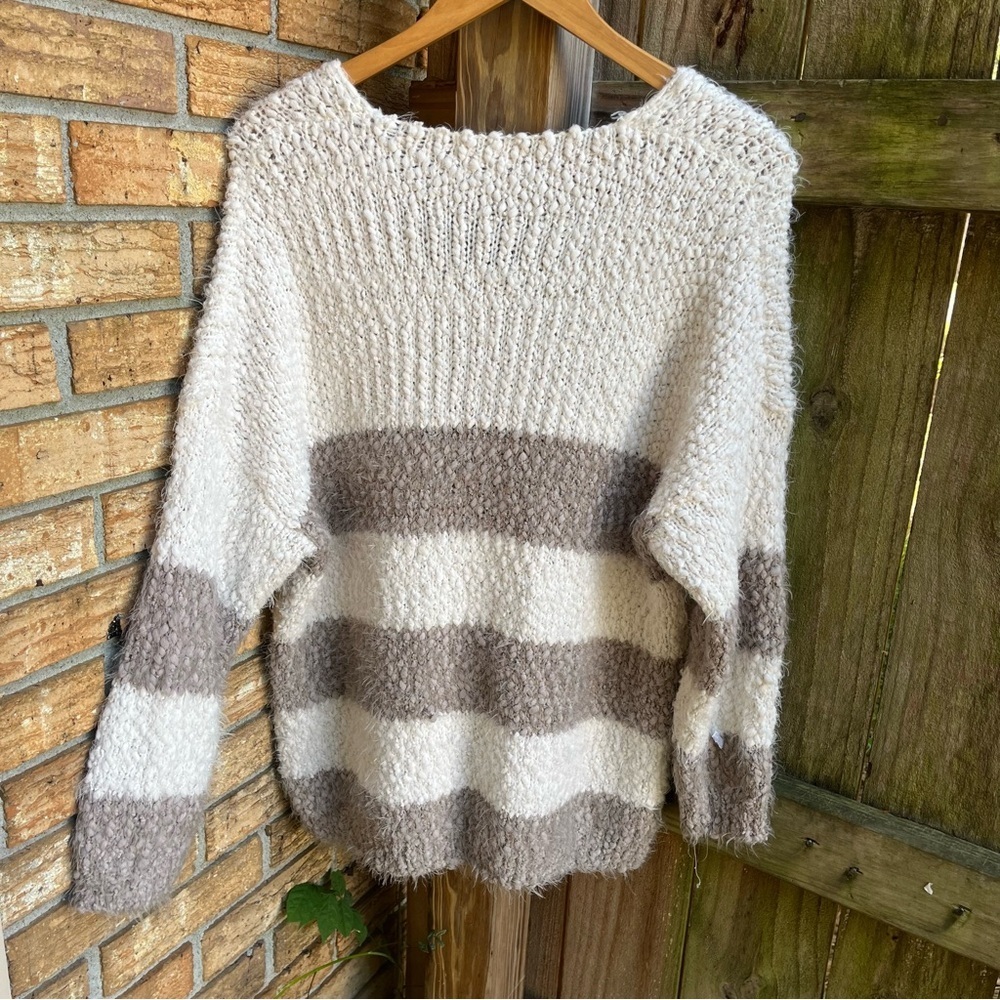 Altar'd State V-Neck Striped Sweater - Cream and Brown - Picture 3 of 3
